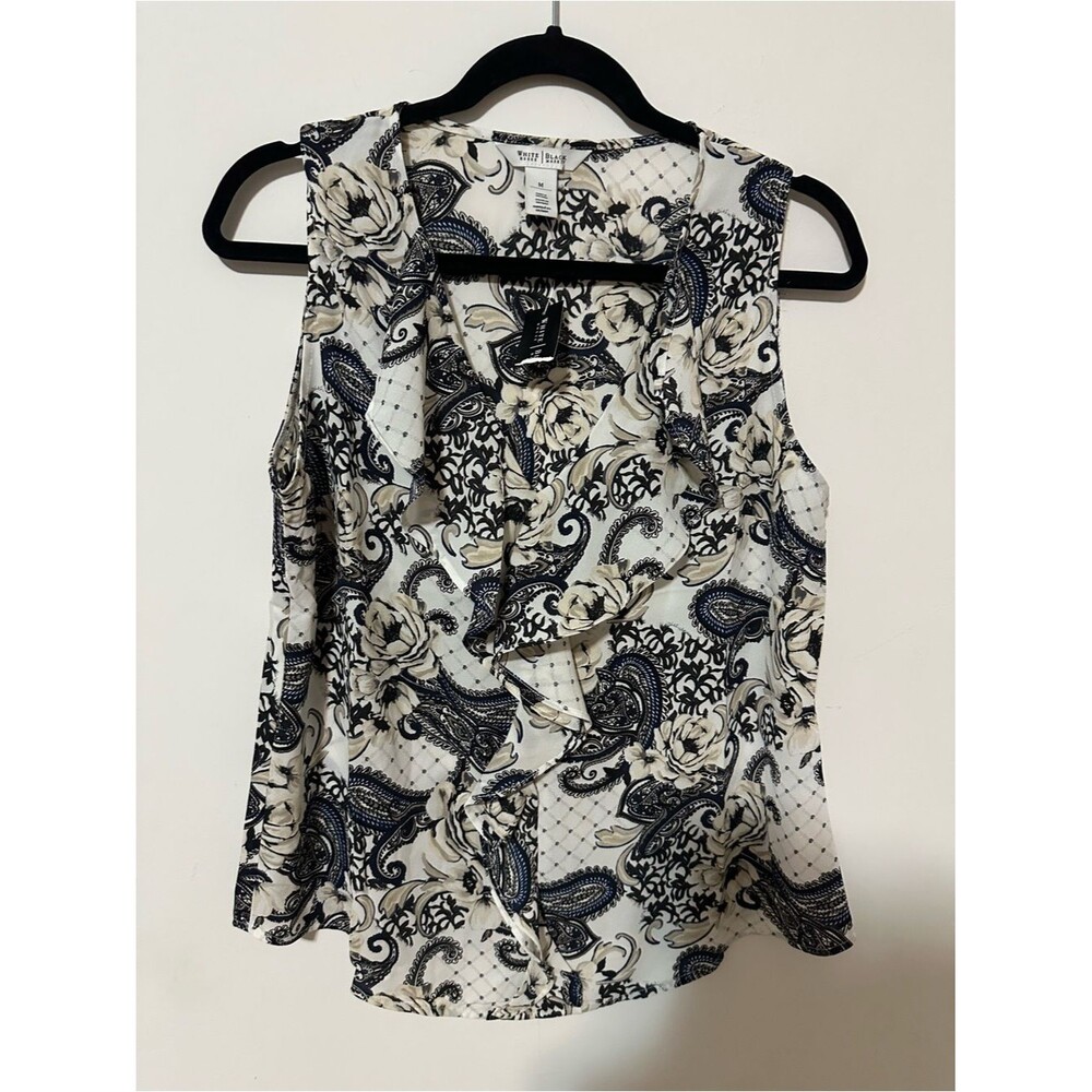 White House Blk Market Paisley Ruffle Front Shell Top SZ M Pull On V Neck Beige